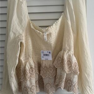 American Eagle Outfitters Cream and Brown Lace Blouse